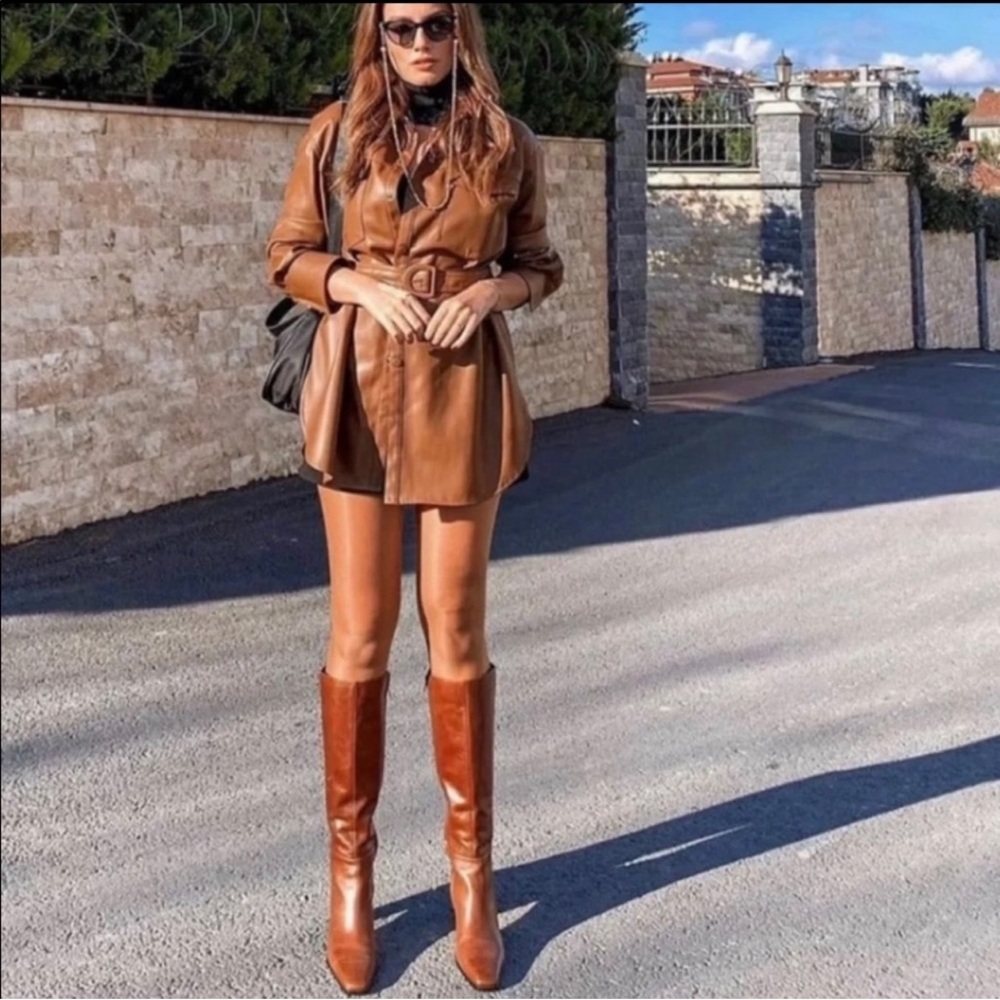 ZARA Knee High Mid Height Heeled Leather Boots - Picture 8 of 11